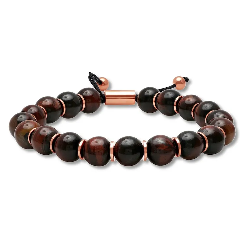 Men's Tiger's Eye Quartz Beaded Bolo Bracelet Stainless Steel