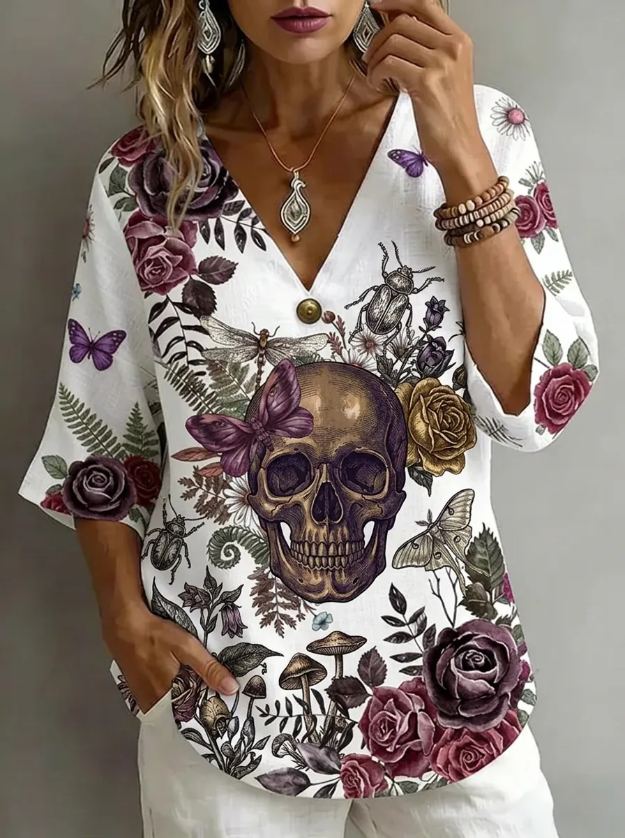Women's Nashville Gothic Skull Floral Butterfly Printed V-neck Top