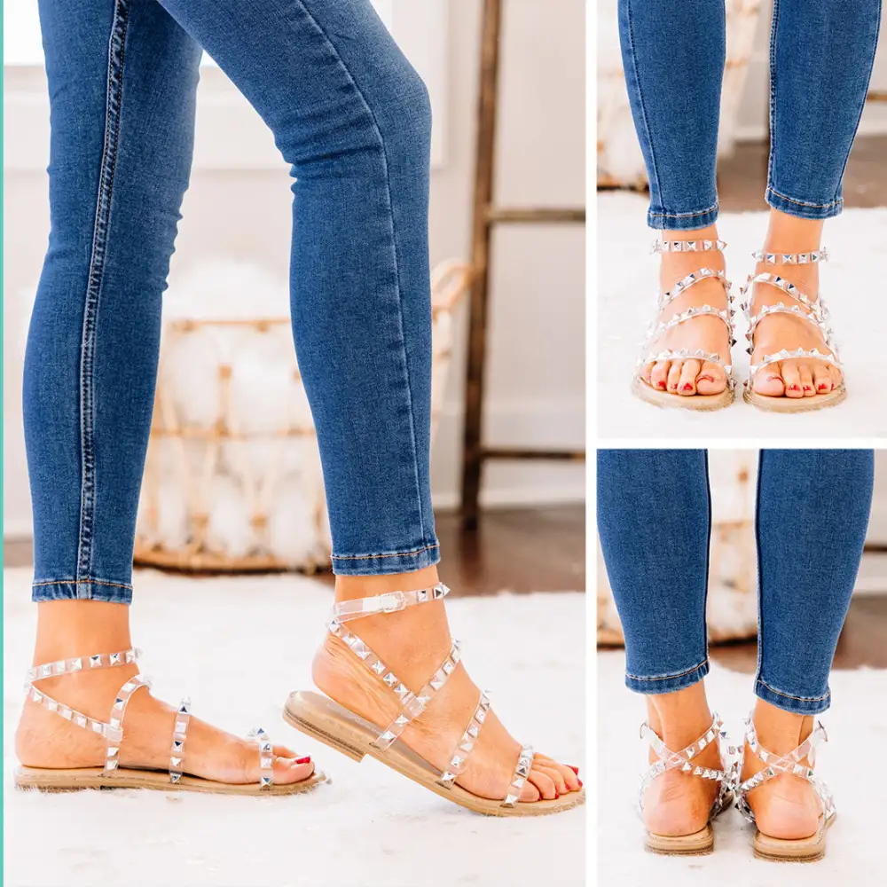 Look Sharp Tan and Clear Studded Sandals
