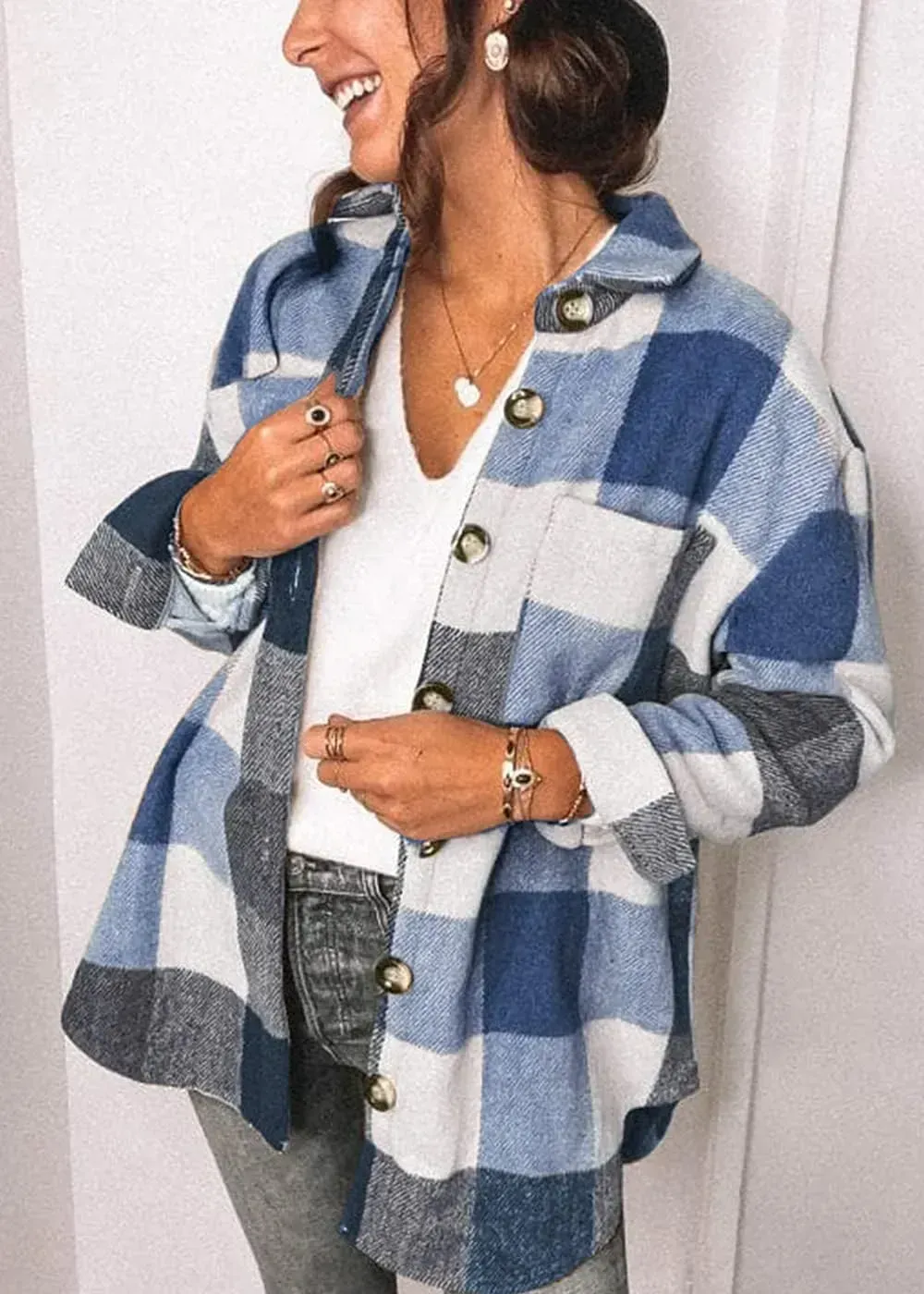 Women's 2023 Fall Clothes Plaid Shacket Jacket Long Sleeve Button Down Flannel Shirts Fashion Blouse