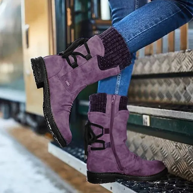 Women's Boots Snow Boots Sweater Boots Plus Size Outdoor Daily Mid Calf Boots Winter Lace-up Flat Heel Round Toe Casual Faux Leather Zipper Black Red Blue