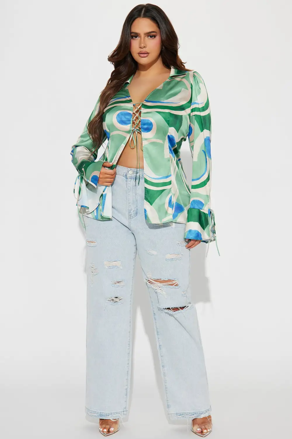 Picture This Satin Blouse Top - Green/combo