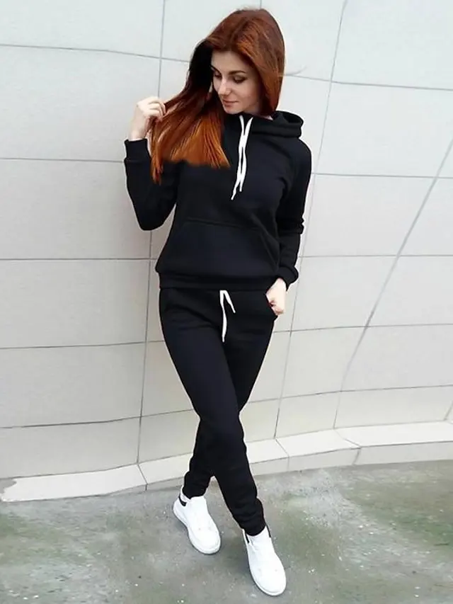 Women's Hoodie Tracksuit Pants Sets Sweatpants Joggers Active Streetwear Black Pink Sport Fitness Solid Color Drawstring Hooded S M L XL 2XL