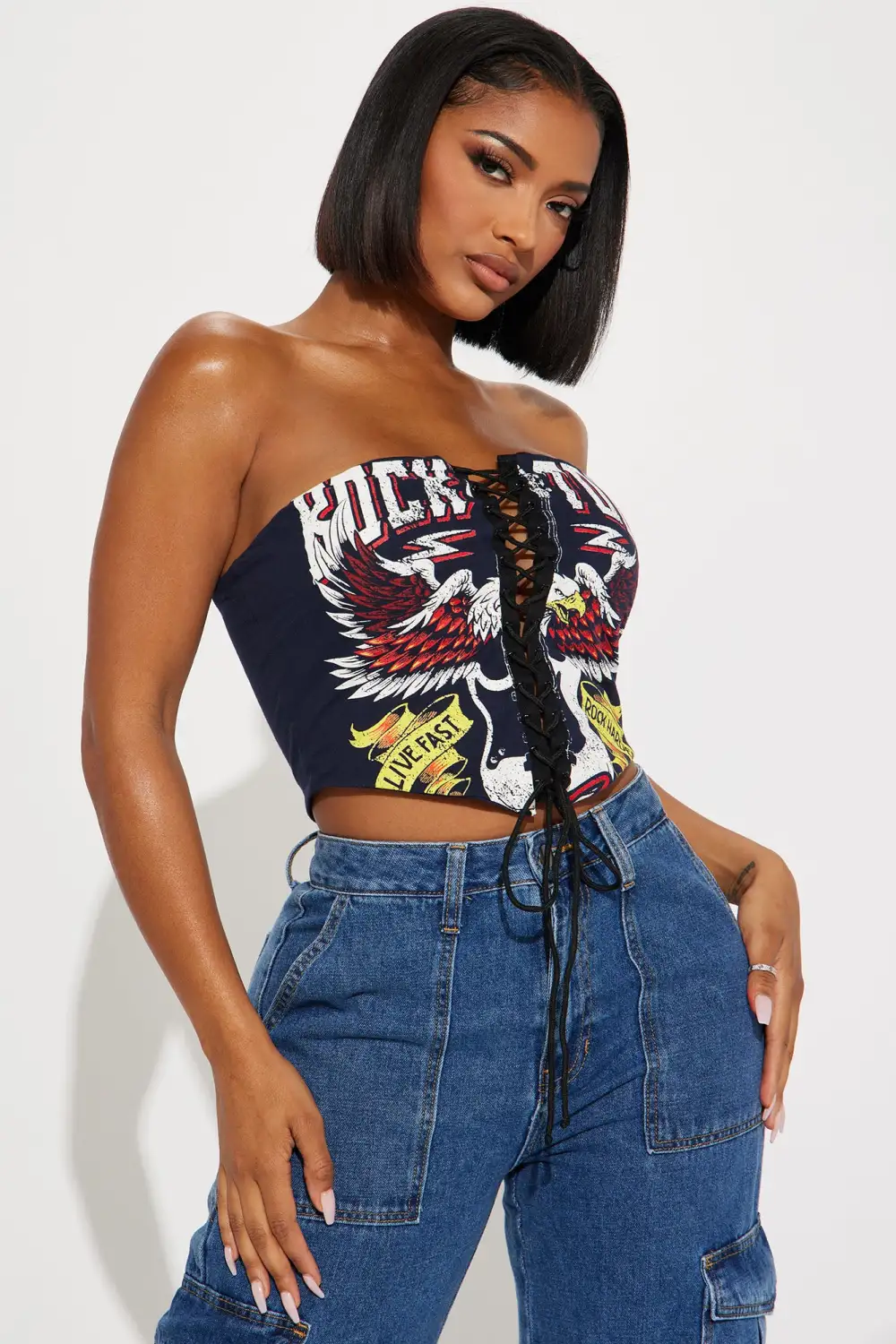 Album Release Lace Up Graphic Top - Navy