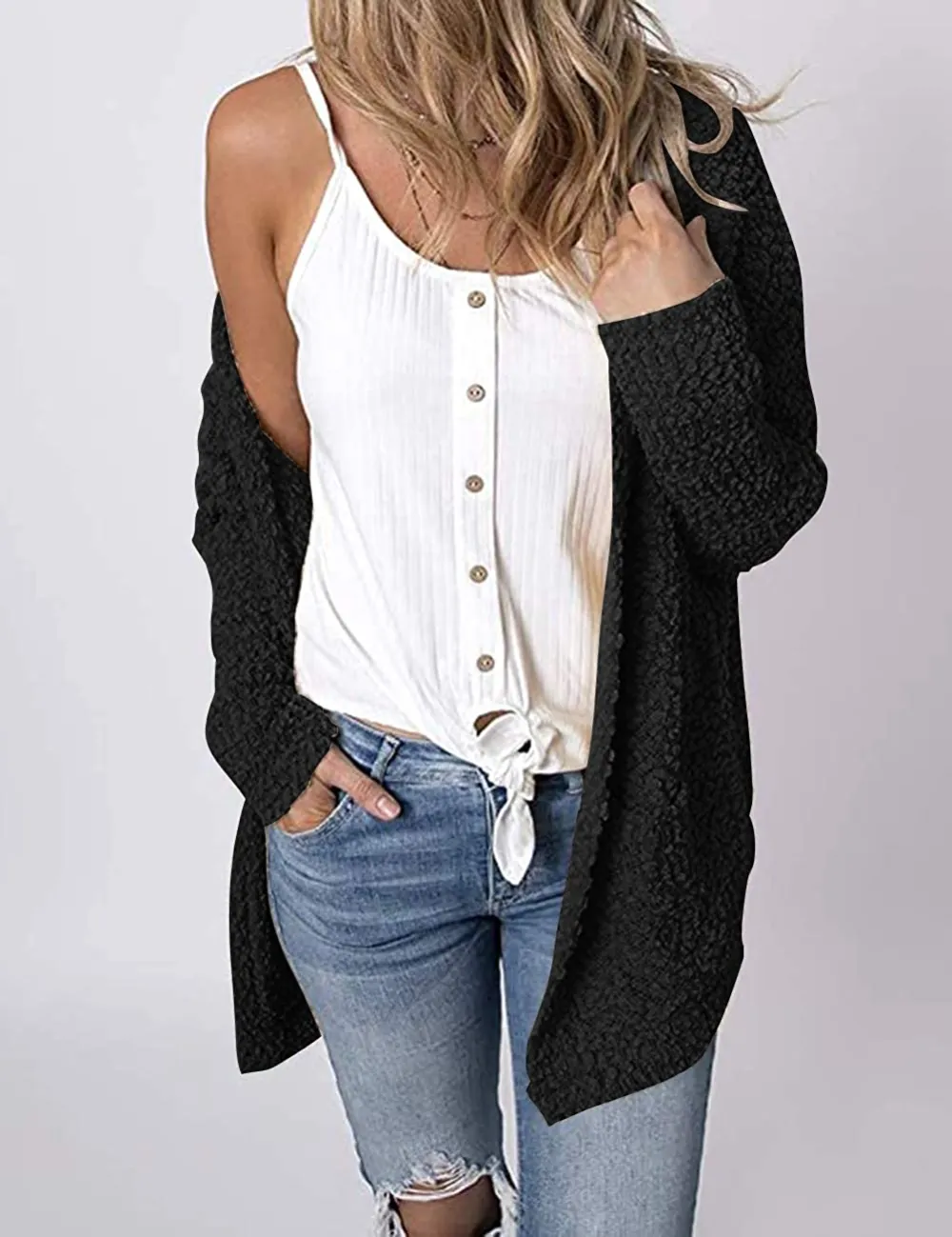 Women's Long Sleeve Soft Chunky Knit Sweater Open Front Cardigans Outwear Coat