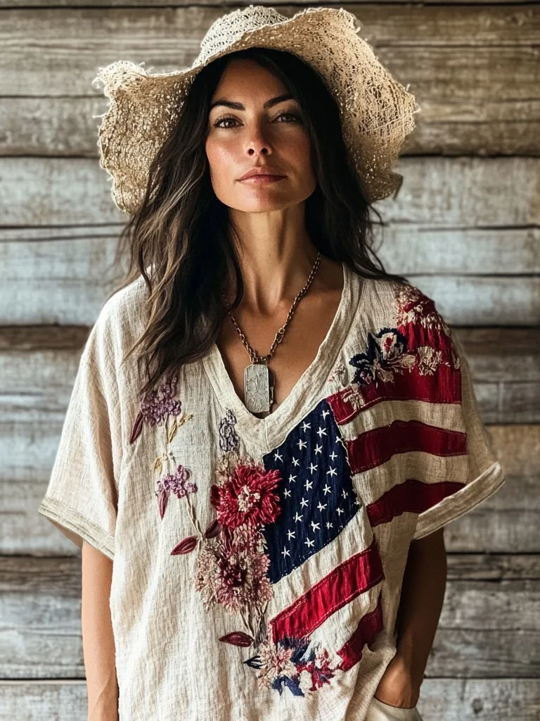 Women's Floral Embroidery Independence Day Flag Short Sleeve V Neck Casual Linen Top
