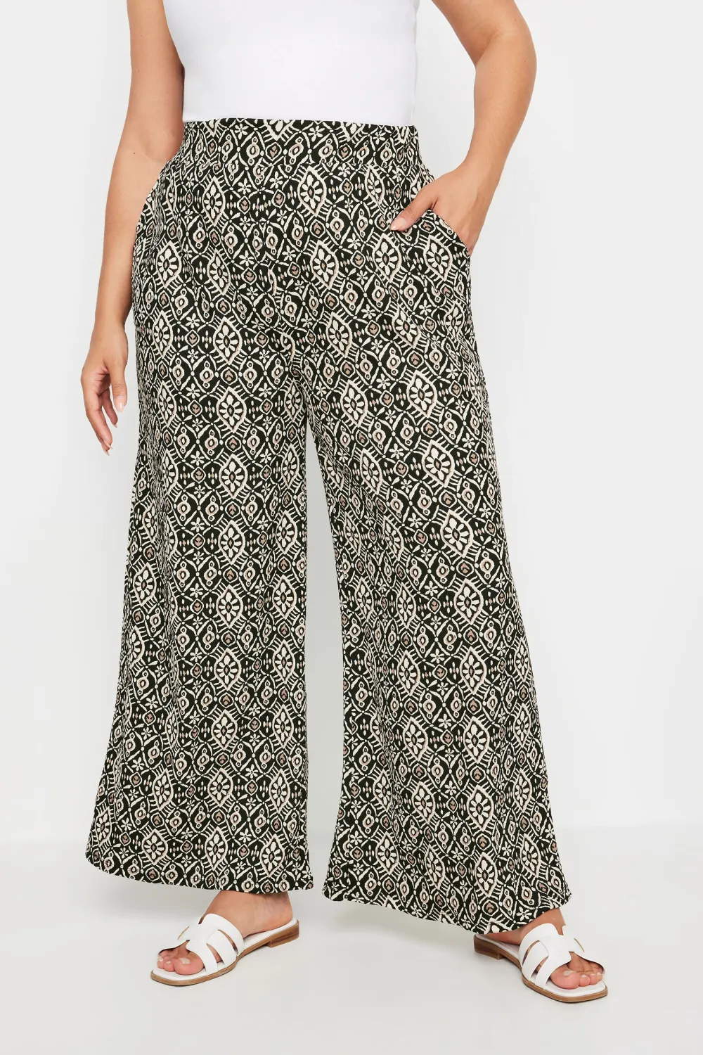 YOURS Curve Dark Grey Abstract Print Textured Wide Leg Trousers
