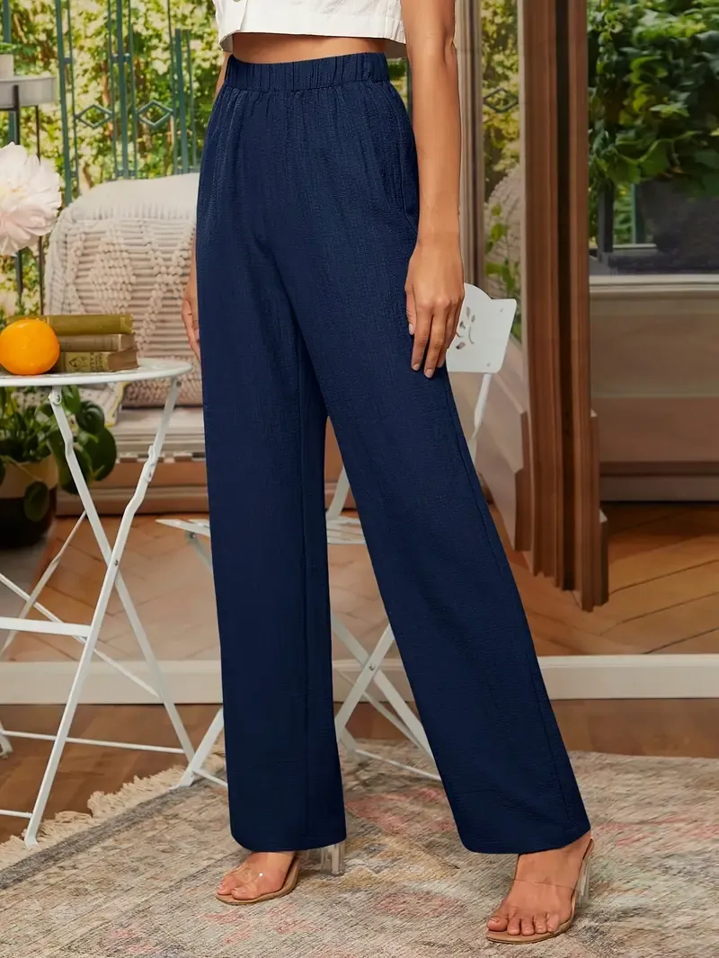 Elegant Women's Navy Blue Straight-Leg Pants - High-Waisted, Textured Fabric with Elastic Waistband, Machine Washable, All-Season Comfort