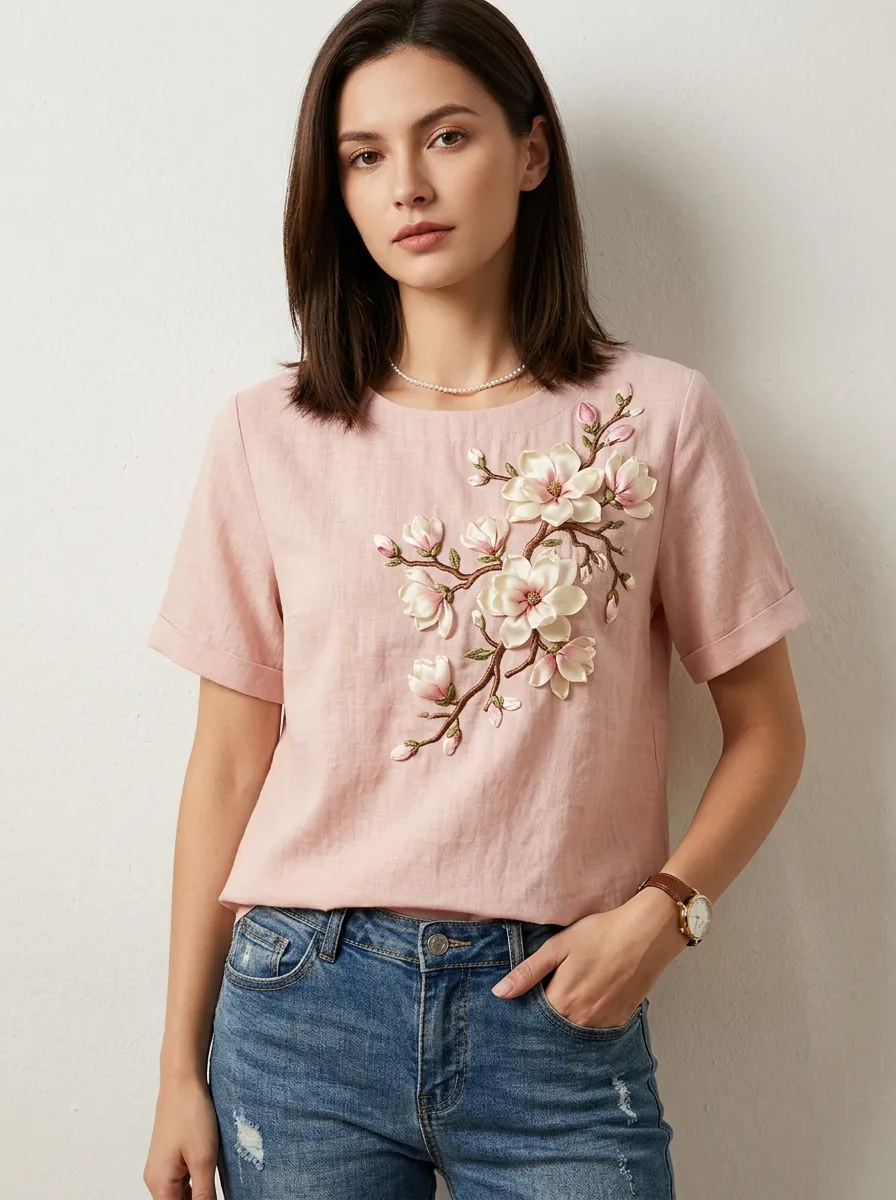 Women's Nashville Magnolia Flower Embroidered Printed Top