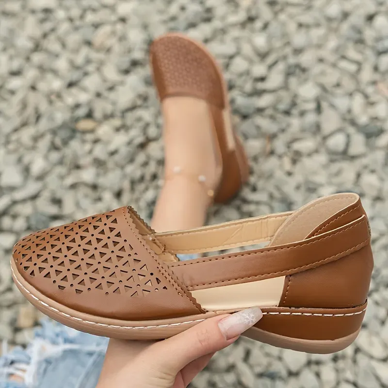 Women's Hollow Out Flat Sandals, Solid Color Cut-out Closed Toe Slip On Shoes, Casual Faux Leather Shoes