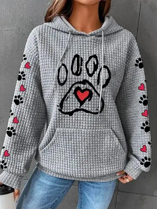 Women's Dog Paw Print Love Waffle Hooded Sweatshirt