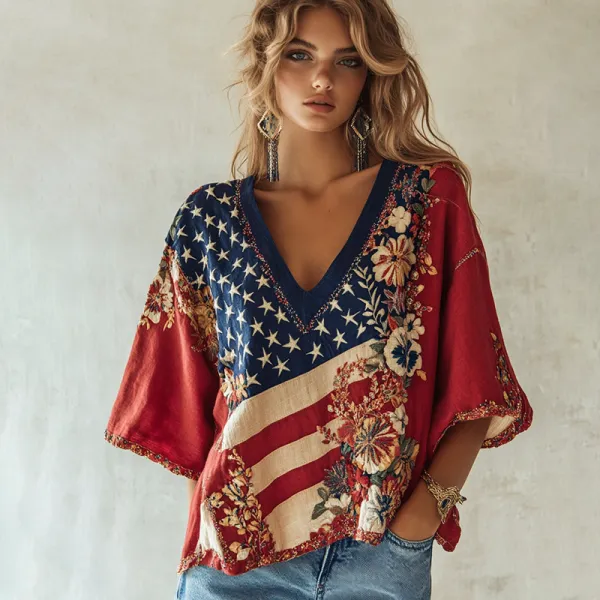 Women's Independence Day Floral Flower Art Linen Blend V-neck T-shirt