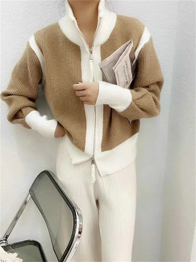 Women's Cardigan Sweater Jumper Ribbed Knit Regular Patchwork Zipper Color Block Stand Collar Stylish Casual Outdoor Daily Fall Winter Black White S M L