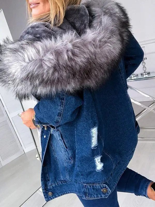Women'S Big Fur Collar Denim Jacket Fashion Casual Jacket