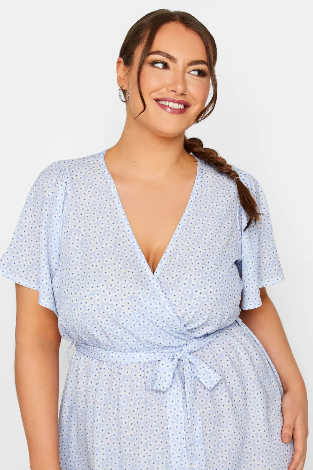 YOURS Curve Blue Ditsy Floral Print Wrap Dress