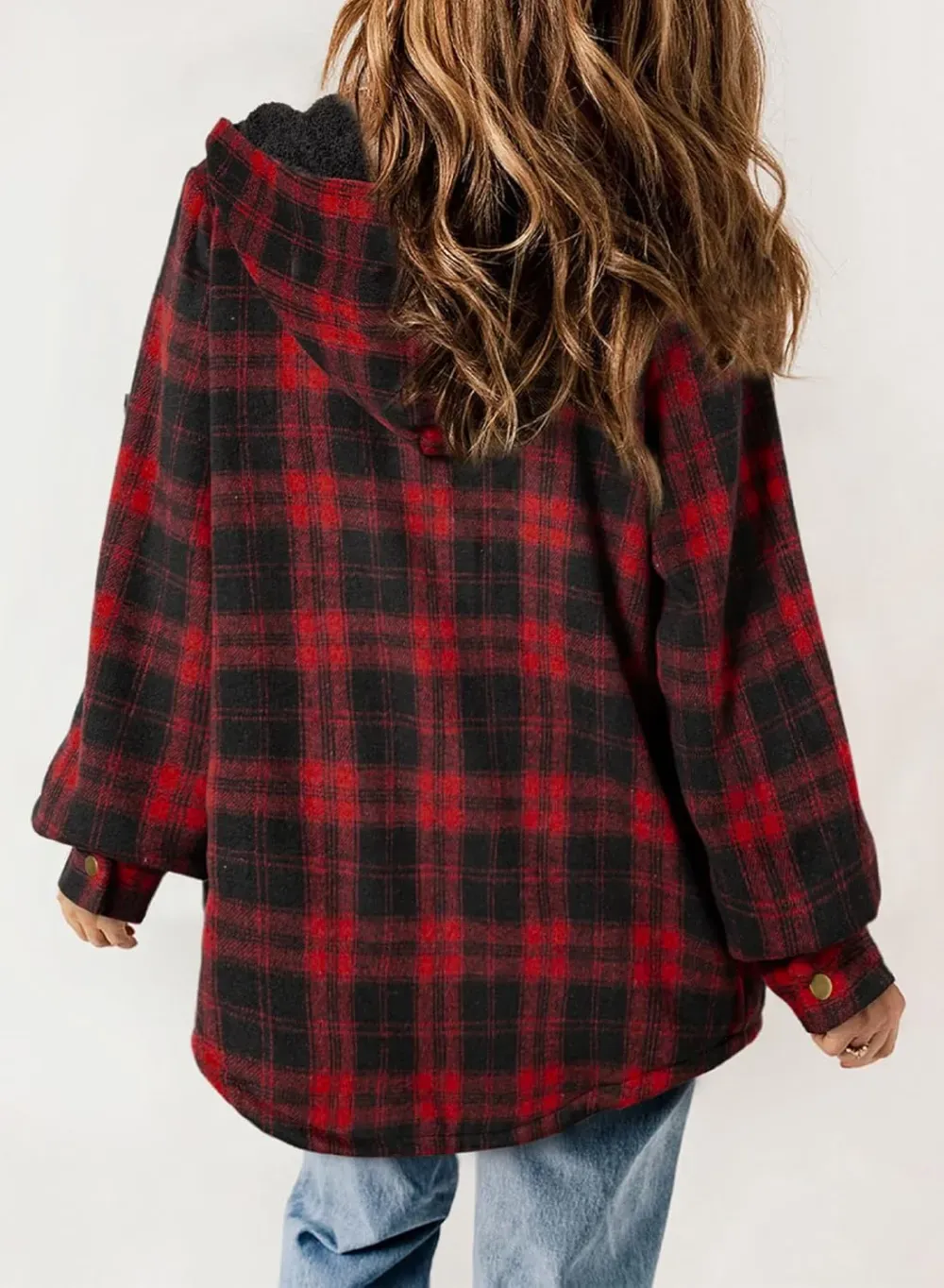 Womens Plaid Shacket Jacket Long Sleeve Button Down Fleece Hooded Jackets Warm Coat