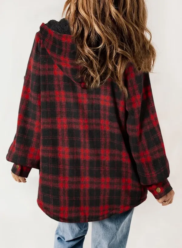 Womens Plaid Shacket Jacket Long Sleeve Button Down Fleece Hooded Jackets Warm Coat