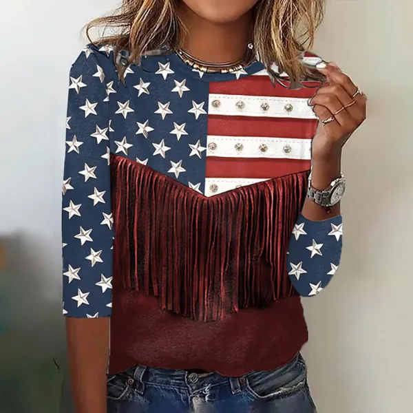 Women's Independence Day Flag Print Crew Neck T-shirt