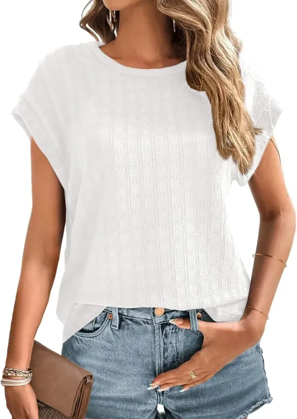 Dokotoo Tops for Women Trendy Summer Casual Cap Short Sleeve Basic Textured Solid Color Round Neck T Shirts Blouse