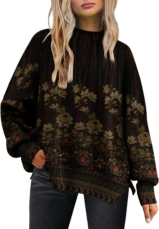 Women's Floral Print Crew Neck Sweater