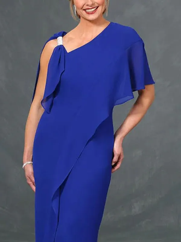 Solid color long dress with sloping shoulders