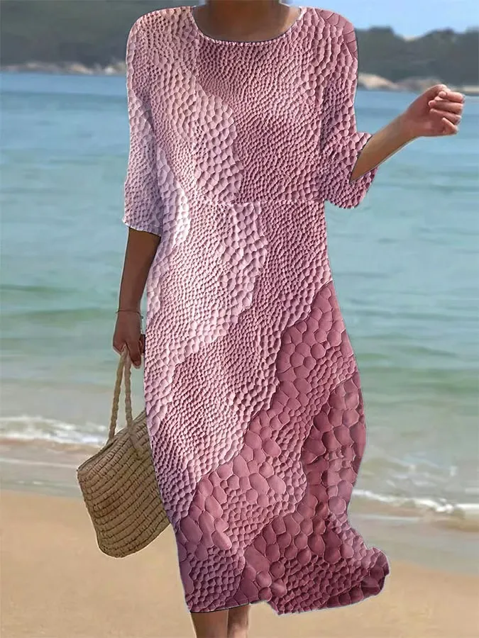 Women's Casual Round Neck Mid Sleeve Print Cotton and Linen Dress