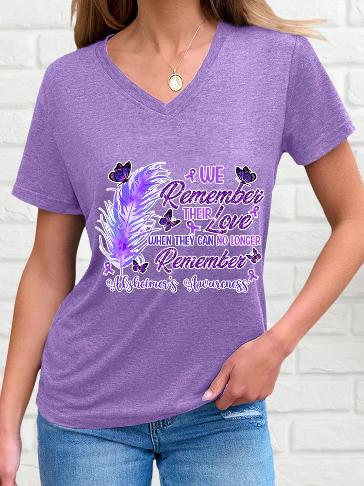 Women'S V-Neck Short-Sleeved T-Shirt We Remember Their Love When They Can No Longer Remember Alzheimer'S Awareness Prints