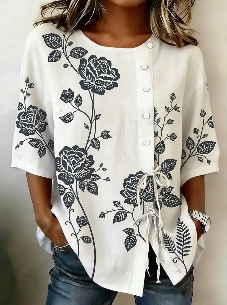 Women's Nashville Floral Botanical Printed Button-Down Shirt