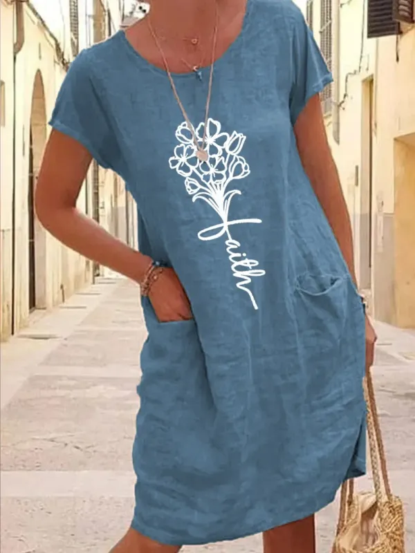 Women's Flower Faith Pocket Cotton Linen Dress