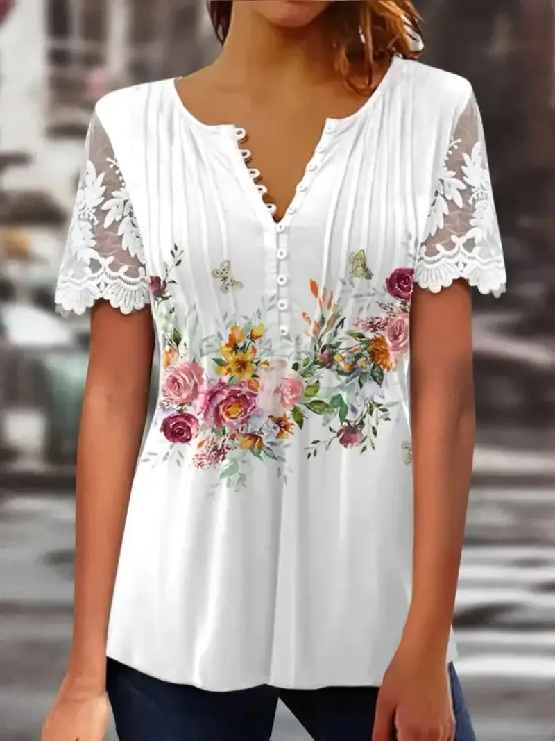 Women's Short Sleeve V-Neck Lace Graphic Floral Printed Top
