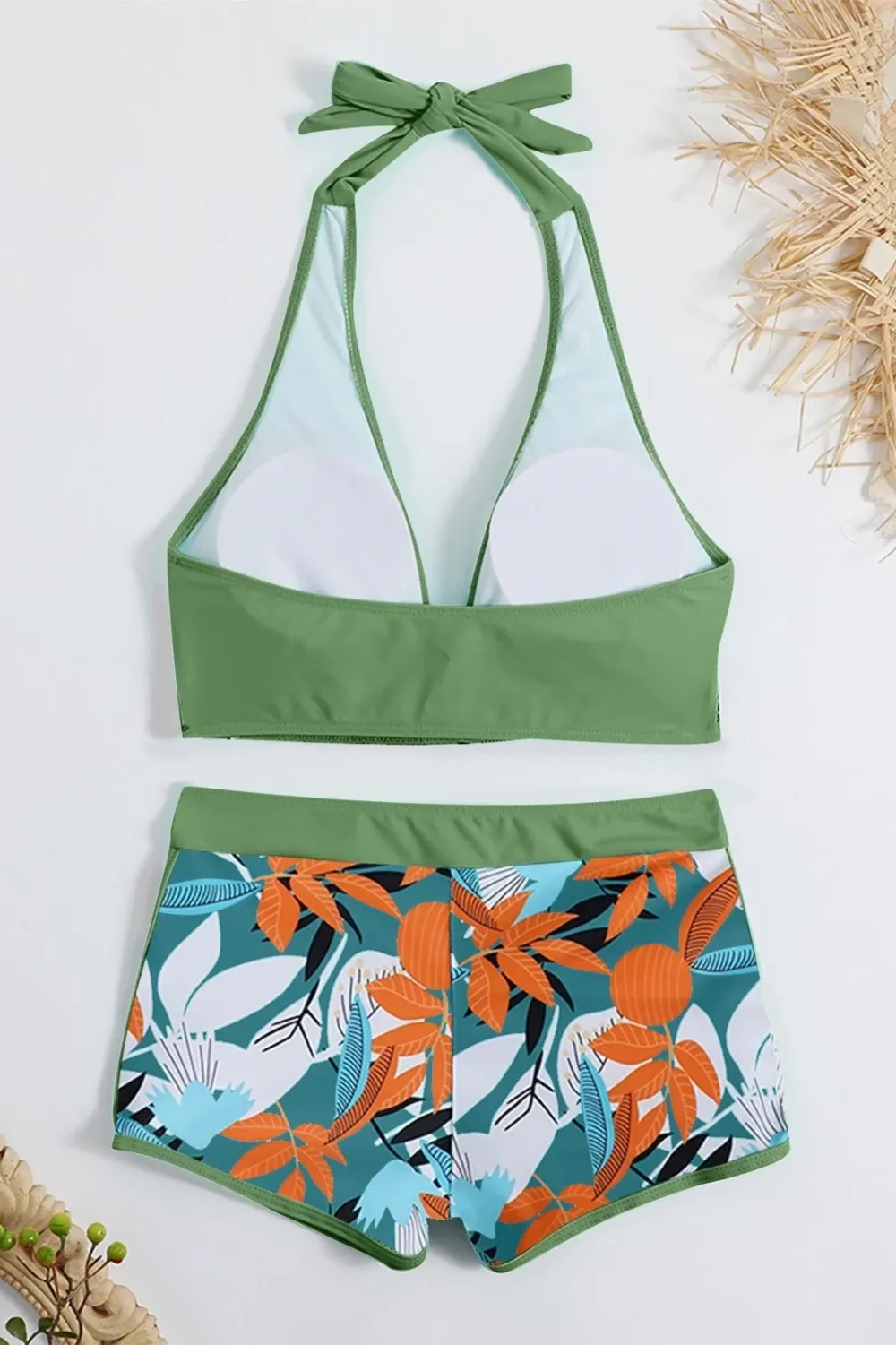 Sexy padded printed high-waisted patchwork swim trunks set