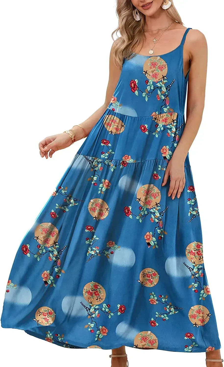 Summer Dresses for Women Casual Loose Bohemian Floral Dress with Pockets Spaghetti Strap Maxi Dress E75