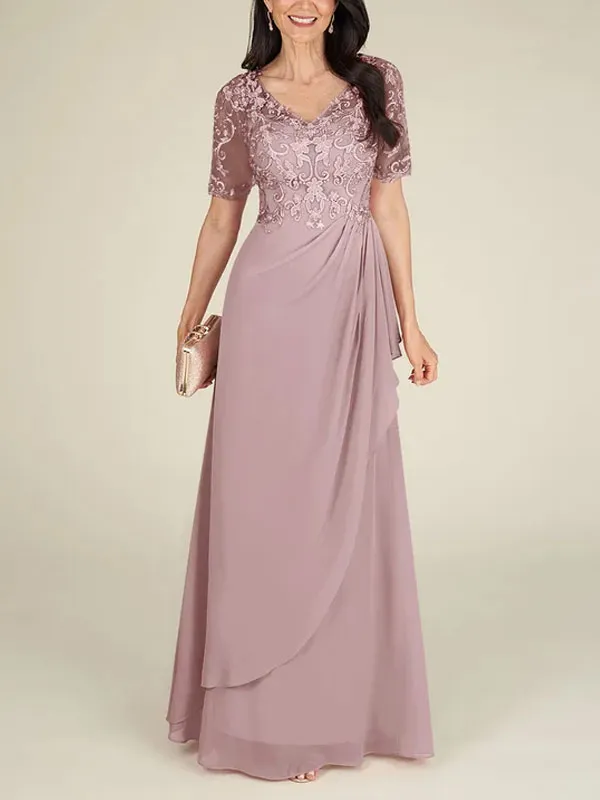 Floor-to-ceiling chiffon lace back zip bridal mom dress