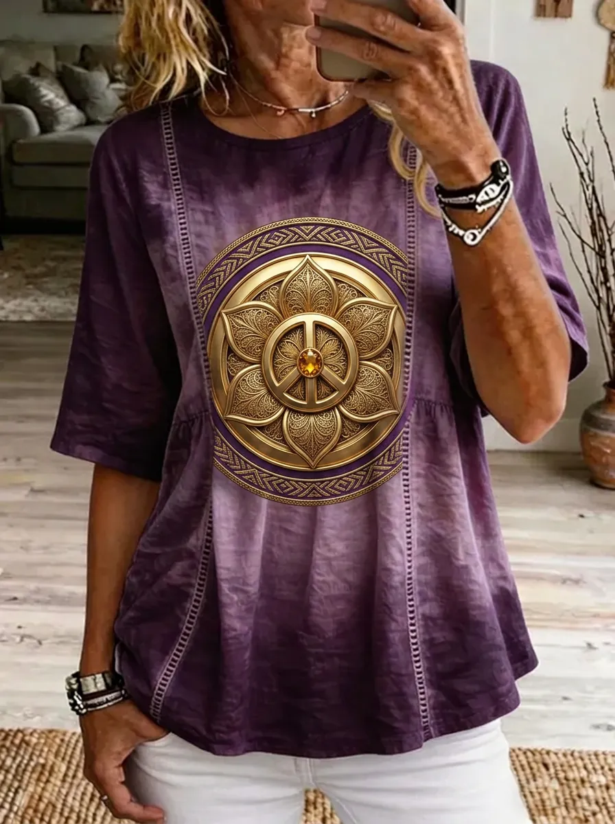 Women's Nashville Boho Lotus Peace Sign Printed T-shirt