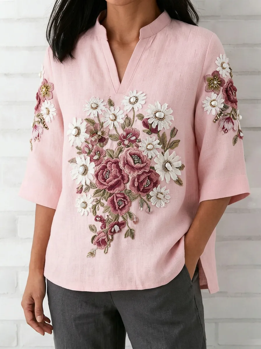 Women's Nashville Floral Embroidery Printed V-neck Top
