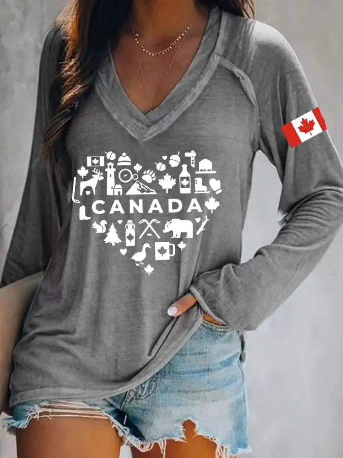 Women's Canadian Flag Heart Print T-Shirt