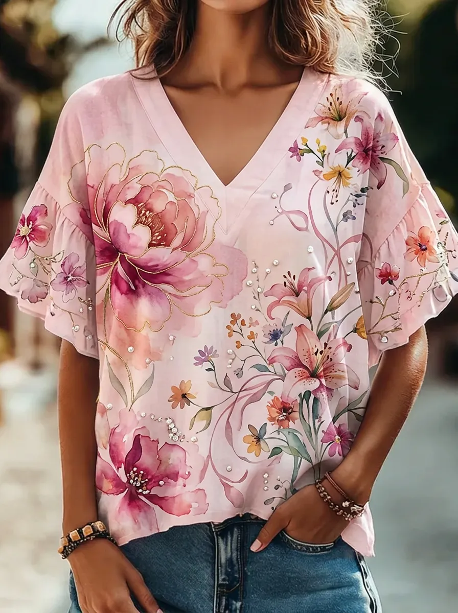 Women's Nashville Floral Watercolor Printed V-neck Top