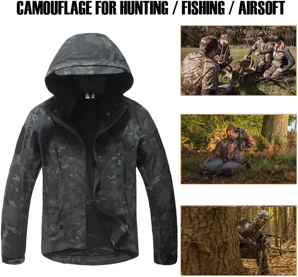 Men's Camo Quiet Hunting Jacket Waterproof Softshell Fleece Lined Camouflage Outdoor Hiking Fishing Coat