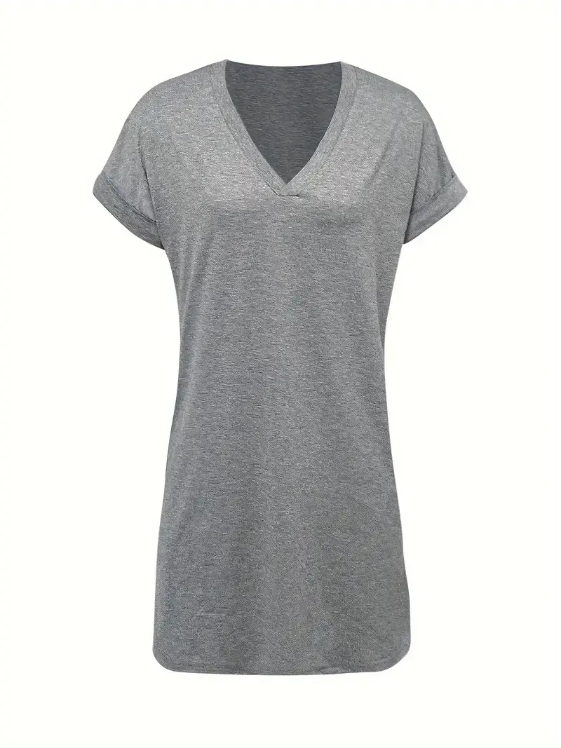 Lightweight Design] Women's Elegant Solid Color V-Neck Short Sleeve Dress - Lightweight Polyester, Casual Loose Fit with Pockets, Perfect for Spring/Summer Outings