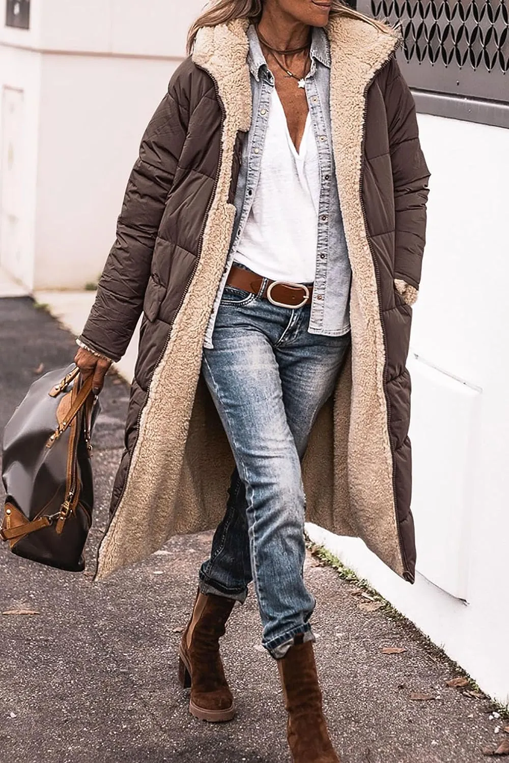 Women's 2023 Warm Winter Coats Reversible Sherpa Fleece Long Hooded Puffer Jackets Outerwear
