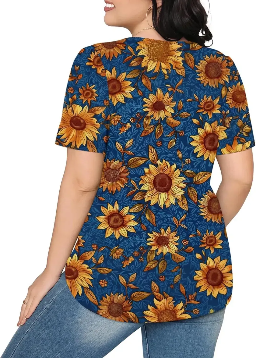 Womens Summer Pleated Front Shirts Tunics Casual Short Sleeved Loose Round Neck Boho Printed Tops Vacation Blouse