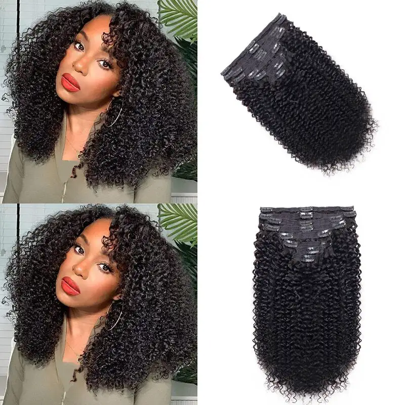 3C/4A Kinky Curly Clip In Hair Extensions For Black Women Remy Human Hair 8pcs With 18 Clips