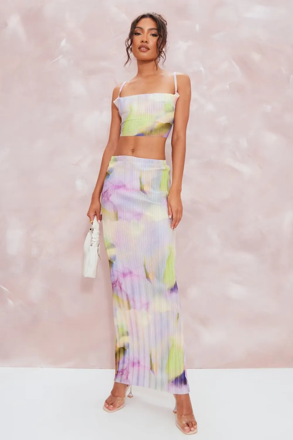Multi Watercolour Print Plisse Strappy Cowl Neck Top And Skirt Set