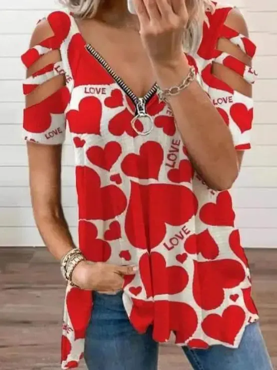 Women Short Sleeve V-neck Floral Printed Geometric Top