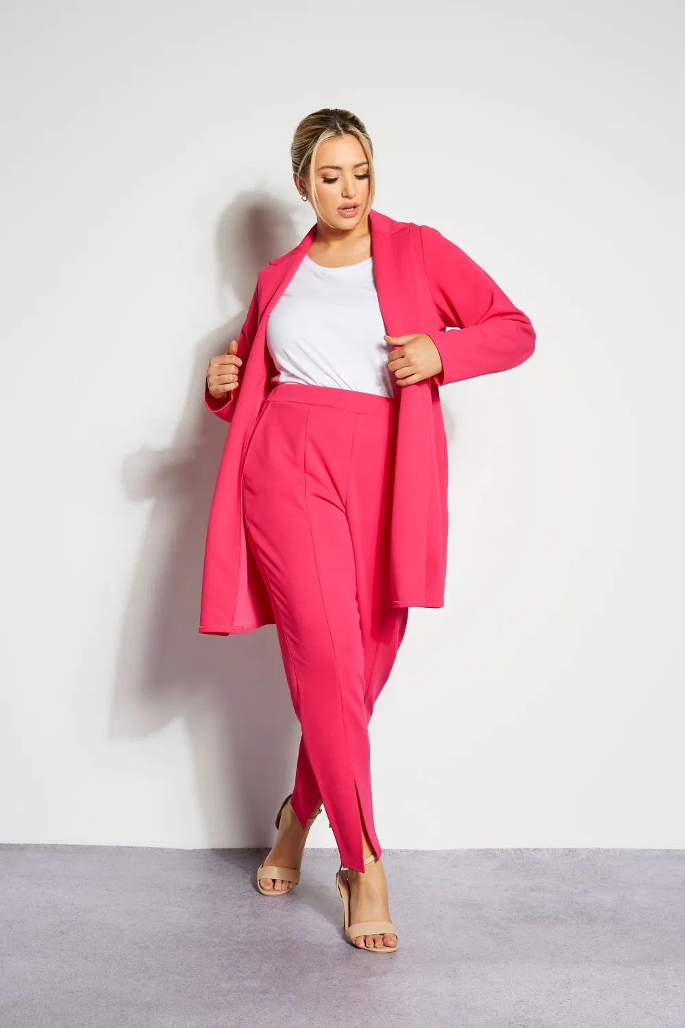YOURS Curve Hot Pink Split Hem Stretch Tapered Trousers