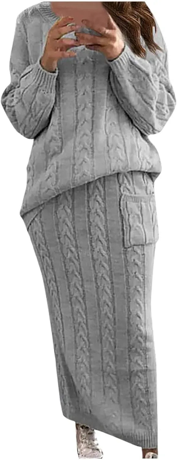 Women 2 Piece Outfits Knitted Sweater Tops and Long Skirt Turtleneck Long Sleeve Bodycon Dress Set Chunky Cable Knit