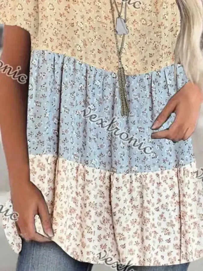 Women Short Sleeve Scoop Neck Floral Printed Stitching Top