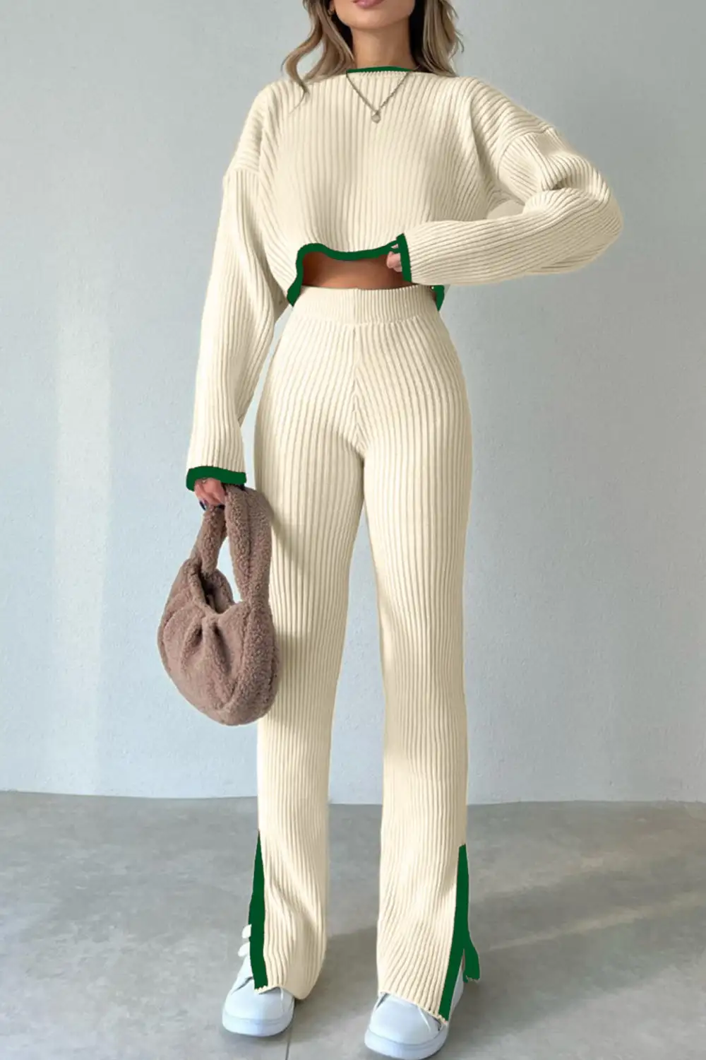 Contrast Ribbed Knit Crop Top Slit Long Pants Set