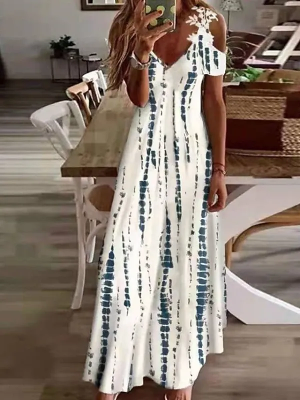 Women's Casual Dress Floral Dress Long Dress Maxi Dress Black White Blue Short Sleeve Floral Cold Shoulder Spring Summer V Neck Fashion Daily Vacation Weekend 2023 S M L XL XXL 3XL