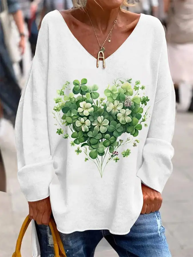 Women's St. Patrick's Day Lucky Shamrock Printed Casual V-Neck Top